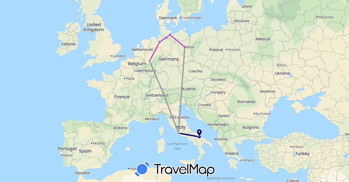 TravelMap itinerary: driving, plane, train in Germany, Italy (Europe)